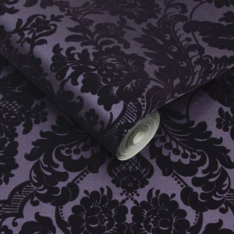 Gothic Damask Plum Wallpaper | Purple Wallpaper | Graham & Brown Plum Wallpaper, Gothic Decor Bedroom, Flock Wallpaper, Purple Gothic, Gothic Bedroom, Purple Bedroom, Gothic Furniture, Purple Rooms, Dark Home Decor