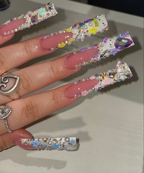 Bling Junk Nails, Xl Acrylics, Long Pretty Nails, Junk Nails Bling, Full Bling Nails, Xxl Acrylic Nails, Pink Bling Nails, Bedazzled Nails, Junk Nails