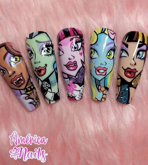 Nail Character Art, Character Nail Art Disney, Monster High Nails Designs, Nail Designs Characters, Character Art Nails, Nail Designs Cartoon, Complex Nail Art, Monster High Nail Art, Nail Art Character