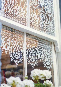 Stenciled window - great alternative to frosted glass for privacy! Lace Window, Window Detail, Winter Window, Diy Window, Tiny Homes, Window Coverings, The Window, Pottery Barn, Home Projects