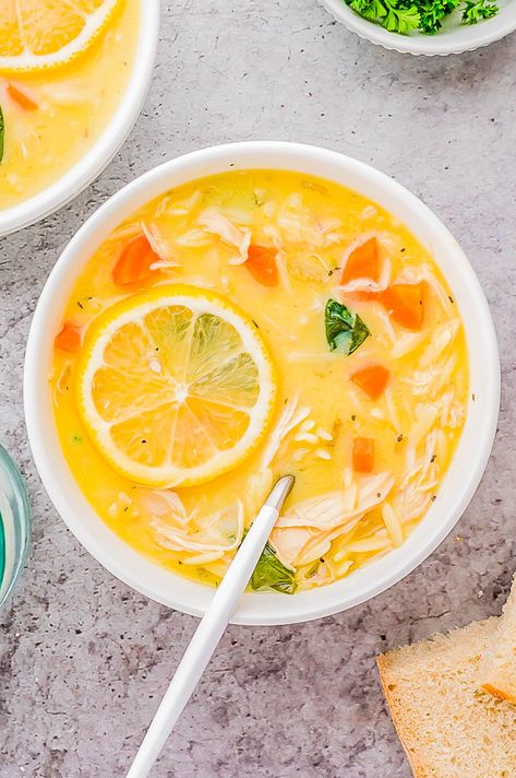 Lemon Chicken Soup - Learn to make this EASY Greek lemon chicken soup (avgolemono) at home! Made in one bowl and ready in just about 30 minutes, this creamy and comforting soup can be made with either orzo or rice. It's rich and luscious without being thick or heavy thanks to the burst of lovely fresh lemon flavor! Greek Lemon Chicken Soup Avgolemono, Lemon Chicken And Orzo, Chicken And Orzo, Greek Lemon Chicken Soup, Lemon Chicken Soup, Averie Cooks, Orzo Soup, Greek Lemon Chicken, Comforting Soup