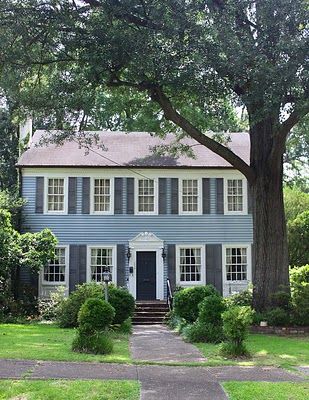 Belhaven area of Jackson, Mississippi / Southern Lagniappe: The Curb Appeal of Doors Blue Colonial House Exterior, Blue Door Gray House, Light Blue House Exterior, Blue Siding House, Grey House White Trim, Light Blue House, Light Blue Houses, House Flips, Blue Siding