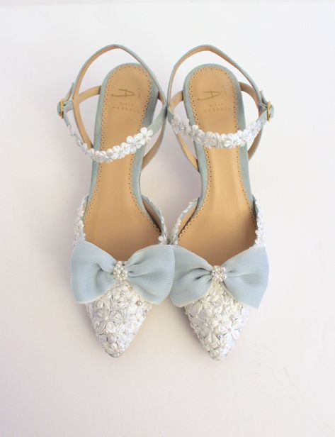 a pair of blue and ivory wedding shoes with a soft pointed toe and a sandal type strap. These shoes have a mid heel approx 6cm Light Blue Wedding Shoes, Blue Heels Wedding, Blue Low Heels, Powder Blue Wedding, Low Block Heel Shoes, Blue Block Heels, Blue Bridal Shoes, Light Blue Shoes, British Wedding