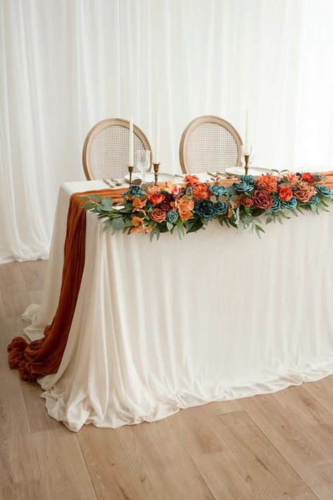 Arch Floral Arrangements, Diy Wedding Arch Flowers, Head Table Flowers, Burnt Orange Bridal Bouquet, Wedding Arch Floral, Head Table Wedding Decorations, Wedding Head Table, Reception Table Centerpieces, Diy Wedding Arch