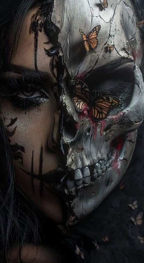 Half Skull Half Face Art, Dark Skull Art, Realistic Tattoo Ideas, Skull Artwork Illustrations, Gothic Tattoos, Dark Gothic Art, Catrina Tattoo, Butterfly Skull, Gothic Elegance