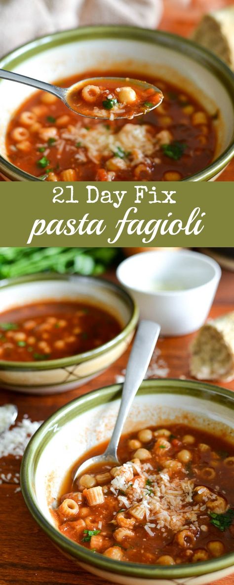 Pasta Fagioli - A healthy soup recipe that would make a great lunch for the 21 Day Fix! Healthy Soup Recipe, 21 Day Fix Diet, 21 Day Fix Meal Plan, Beachbody Recipes, Pasta Fagioli, 21 Day Fix Meals, The Soup, Recipes Vegetarian, Healthy Soup Recipes