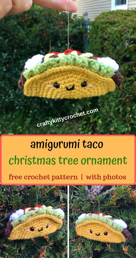 Taco Ornament, Taco Christmas, Crochet Christmas Ornaments Free, Crochet Christmas Tree, Crochet Ornament Patterns, Amigurumi Christmas, Crochet Christmas Gifts, Crocheted Toys, Taco Lover