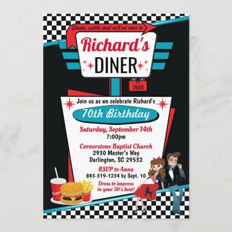 Diner Birthday Party, 1950's Diner, Retro Birthday Party, Retro Birthday Parties, 1950s Diner, Diner Party, 50s Diner, Vintage Diner, Design Invitation