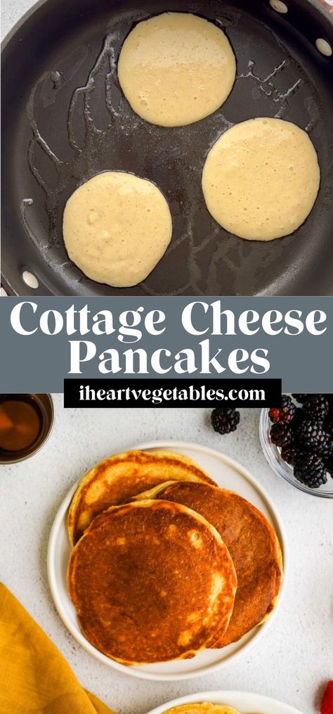 These cottage cheese pancakes are fluffy, delicious, and packed with protein! You can make these in a blender for quick, protein-packed gluten-free pancakes! Cottage Cheese Blender Pancakes, Blender Protein Pancakes, Gf Protein Pancakes, Cottage Cheese Pancakes 3 Ingredient, Keto Cottage Cheese Pancakes, Clean Pancakes, Healthy Pancakes Low Calorie, Gluten Free Protein Pancakes, Healthy Protein Pancakes