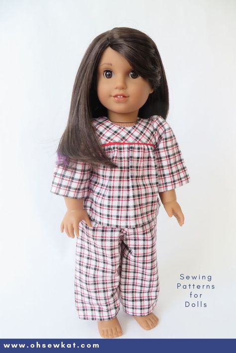 Make your 18 inch doll an adorable set of holiday pajamas pjs with the easy PDF Bloomer Buddies sewing pattern from Oh Sew Kat! Quick to sew, step by step beginner level patterns to make your American Girl sized doll shine this Christmas holiday season. Cozy Dress Outfit, Dress Paper, Bear Clothes, Teddy Bear Clothes, Pajama Pattern, American Girl Doll Patterns, American Girl Doll Clothes Patterns, Doll Dress Patterns, Holiday Pajamas