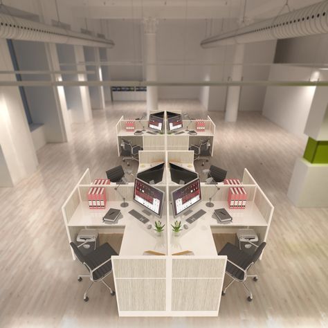 Modern Office Layout, L Shape Workstation, The Office Layout, Office With Two Desks, Office Cubicle Organization, Modern Office Cubicle, Office Cubicle Design, Four Man, Office Cube