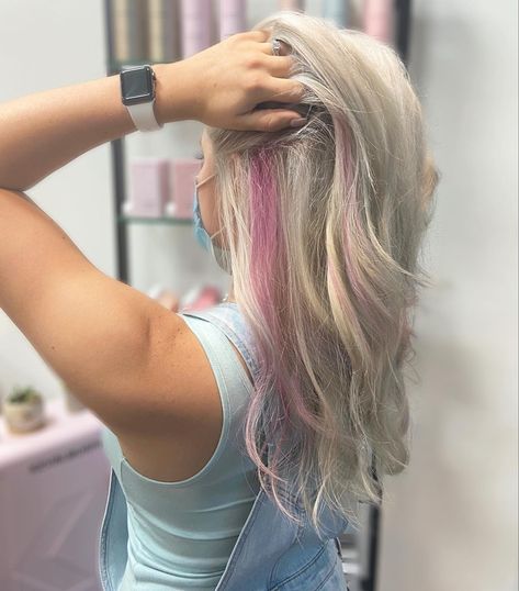 #platinum #platinumblondehair #blondehair #icy #pink #pinkhair #pinkhairdontcare #hair #hairstyles Blonde With Vibrant Colors, Platinum Blonde Hair With Pink, Platinum Blonde Hair With Pink Highlight, Light Pink Peekaboo Hair, Blonde With Pink Peekaboo, Pink Peekaboo Highlights Blonde, Pink Strands In Blonde Hair, Blonde Hair Pink Underneath, Pink Lowlights In Blonde Hair