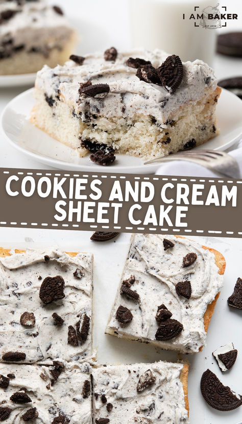 cookies and cream cake on a plate and a countertop Oreo Deserts, Cooking Hobby, Oreo Cookie Cake, Cookies And Cream Cake, Cherry Cookies, Frozen Cookies, Sheet Cake Recipes, Birthday Cake Recipe, Bakery Business