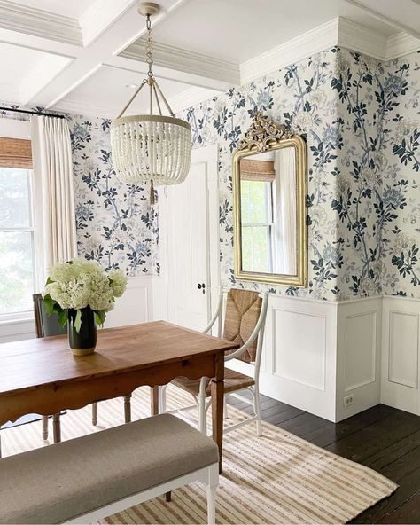 Blue Floral Wallpaper and Short White Half Wall Wainscotting - Soul & Lane Half Wallpaper, Finding Lovely, White Wainscoting, Blue Floral Wallpaper, Wood Dining Room Table, Dining Room Wallpaper, Wood Dining Room, Casa Patio, Up House