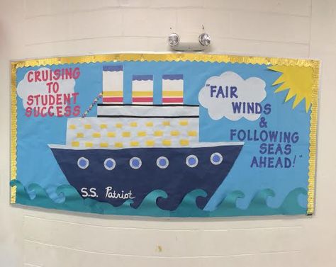 Cruise ship bulletin board Ship Bulletin Board Ideas, Nautical Bulletin Board Ideas, Anchor Bulletin Board, Boat Bulletin Board, Sailing Bulletin Board, Lighthouse Theme, Nautical Classroom Theme, School Wide Themes, Travel Theme Classroom