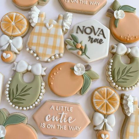 Gender Reveal Party Food, Cutie Is On The Way, Sage Green Baby Shower, Cookie Recipes Decorating, Onesie Cookies, Citrus Baby, September Baby, Crazy Cookies, Orange Baby Shower