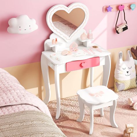 Kid Bedroom Furniture, Kid Vanity Ideas Girl Rooms, Girls Bedroom Vanity, Kids Makeup Vanity, Toddler Vanity, Kids Vanity Set, White Vanity Set, Real Makeup, Girls Vanity