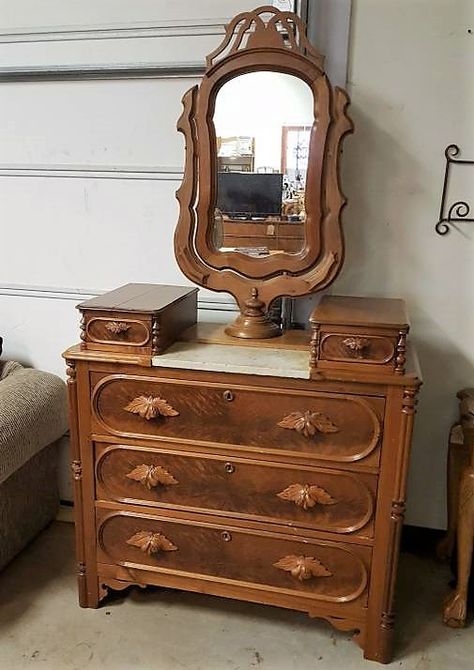 Antique Three Drawer Marble Top Dresser with Mirror. Victorian Walnut wishbone Dresser, circa 1875 Victorian Marble Top Dresser, Dresser With Marble Top, Marble Dresser, Marble Top Dresser, Mirror Victorian, Victorian Dressers, Altar Space, Flatware Jewelry, Mirror Makeover