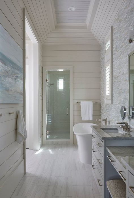 Master Bath Coastal, Summer House Bathroom, Shiplap Trim, Beach House Bathrooms, Bath Layout, Florida 30a, Cottage Bathroom Ideas, Beach House Bathroom, Florida Beach House