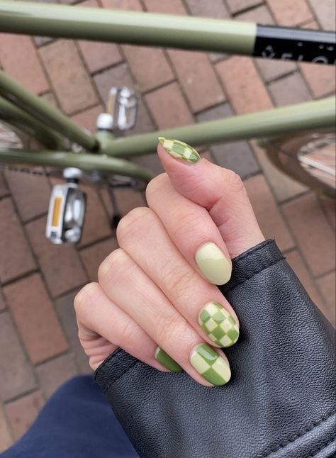 Matcha Green Nails, Short Nail Art Ideas, Green Nails Acrylic, Greece Nails, Short Nail Art, Checkered Nails, Girls Nail Designs, Asian Nails, Hippie Nails