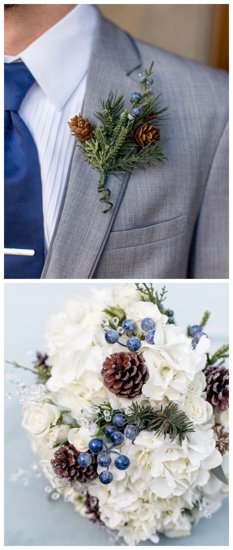 Winter wedding floral inspiration with white flowers and blue berries, plus evergreen sprigs and pinecones Frosty Wedding Theme, Light Purple Winter Wedding, Winter Wedding Groom Attire, Evergreen Wedding, Plaid Wedding, Blue Winter Wedding, Urban Wedding Venue, Winter Wedding Bouquet, Blue Berries