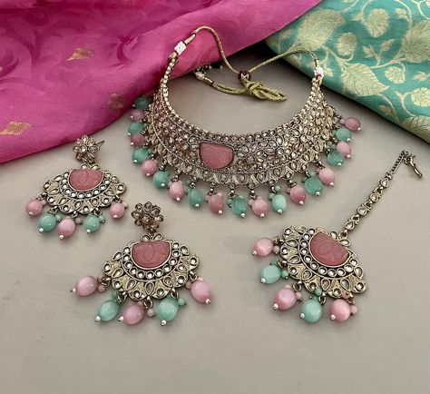 Buy Pink and Green Polki Jewelry Set/polki Bridal Choker Online in India - Etsy Bridal Choker Set, Engagement Look, Indian Bridal Jewelry, Pink Choker, Bridal Choker, Polki Jewellery, Blue Saree, Necklace Sets, Choker Set