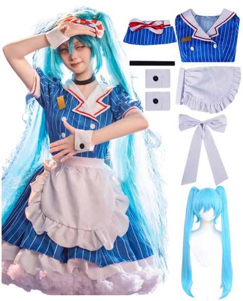 PRICES MAY VARY. 【Mesmerize Hatsune Maid Dress】Maid Hatsune costume in Mesmerize is a 1:1 replica of the soriginal. All the different details are perfect. It's a great value for money. 【Complete suit】1*Dress+1*Apron+1*Bow+1*Headwear+1*Necklace+2*Bracelet. This Vocaloid 01 cosplay dress will take you into the wonderful virtual idols world! Please refer to the size chart carefully before placing your order to choose the most suitable size. 【Comfort & Durability】Hatsune cosplay dress is made of hig Flutterbat Cosplay, Pjsk Cosplay, Blue Maid Dress, Miku Halloween, Characters To Cosplay, Hatsune Miku Costume, Miku Outfits, Hatsune Miku Cosplay, Blue Costume