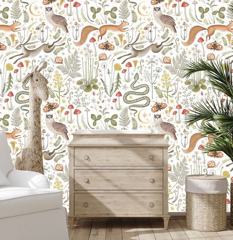 "Decorate the nursery, kids room, bathroom, playroom or any other room at your house with my lovely wallpapers. Great for upgrading rooms, temporary spaces, bookcases and more :o) ✻ See my shop for more adorable animal decals & prints at: https://www.etsy.com/shop/DesignByMaya Instagram: https://www.instagram.com/babyroomwallart Website: http://www.babyroomwallart.com Facebook page: https://www.facebook.com/designbymaya Pinterest: http://pinterest.com/designbymaya >>Peel and Stick wallpaper<< ✻ 100% polyester fabric - Eco-friendly inks, Formaldehyde-, Phthalate-, and PVC-free ✻ DIY-friendly self-adhesive, removable and cleanable wallcovering for smooth, flat, non-textured surfaces. ✻ Each panel is 24\" wide, vertical repeat of the design and available in lengths of 2 foot, 4, 8, 9 or 10 fe Lovely Wallpapers, Animal Decals, Kindergarten Wallpaper, Nature Room, Magical Woodland, Sweet Nursery, Forest Nursery, Woodland Forest, Vintage Nursery