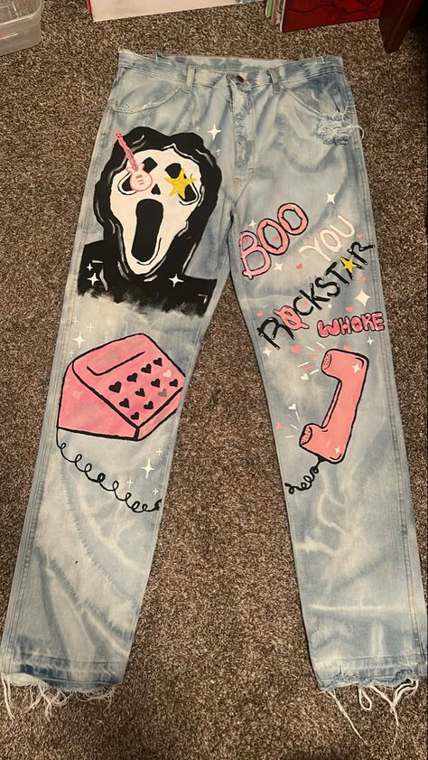 Scream Painted Pants, Spiderman Jeans Diy, Custom Painted Birthday Pants, Hand Painted Sweatpants, Painted Pants Idea Grunge, Diy Painted Jeans, Painting Pants, Custom Jeans Diy, Denim Diy Clothes