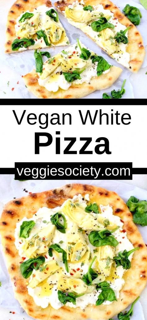 Vegan White Pizza, Cashew Ricotta Cheese, Pizza Dips, White Pizza Recipe, Pizza Blanca, Spinach Artichoke Pizza, Cashew Ricotta, Artichoke Pizza, Recipe With Garlic