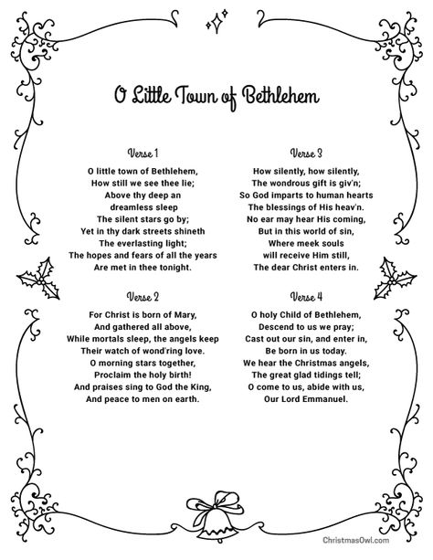 Free printable lyrics for O Little Town of Bethlehem. Download them at https://christmasowl.com/download/lyrics/o-little-town-of-bethlehem/ Funny Quiz, Christmas Hymns, Christmas Carols Lyrics, O Little Town Of Bethlehem, Christmas Carols Songs, In The Bleak Midwinter, Xmas Carols, Little Town Of Bethlehem, Christmas Songs Lyrics