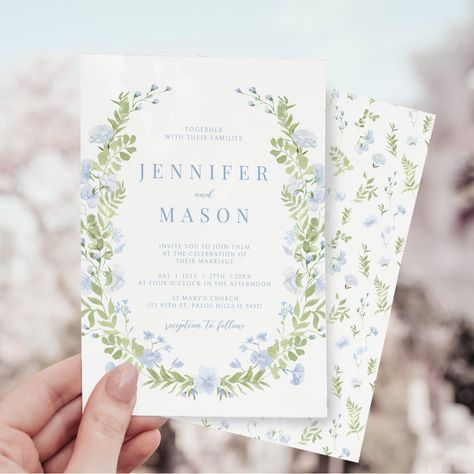 Blue And Green Wedding Invitations, Flowers And Greenery, Spring Wedding Invitations, Green Wedding Invitations, Light Blue Flowers, Elegant Watercolor, Refined Wedding, Greenery Wedding Invitations, Summer Celebration