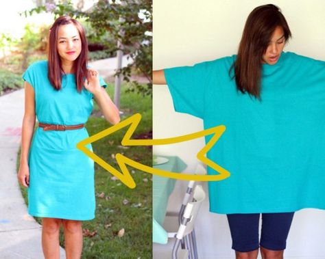 Make a DRESS from a BIG TEE! (with this tutorial) Tshirt Dress Diy, Distressed Tshirt Diy, Sweatshirt Makeover, Make A Dress, Altering Clothes, Diy Clothing, Ropa Diy, Tutorial Diy, Refashion Clothes