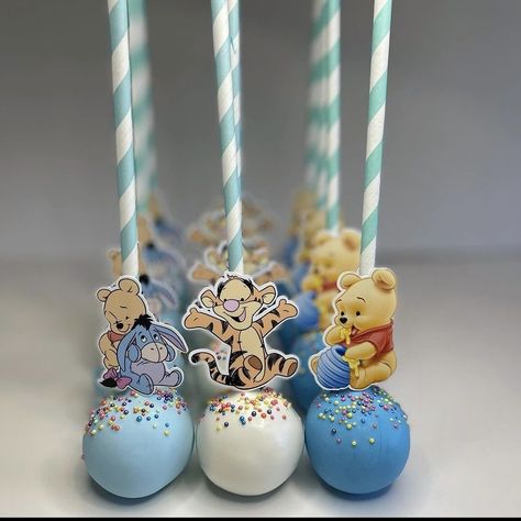 Winnie The Pooh Marshmallow Pops, Winnie The Pooh Birthday Treats, Pooh Bear Cake Pops, Pooh Bear Gender Reveal Party, Winnie The Pooh Oreos, Winnie The Pooh Rice Crispy Treats, Baby Winnie The Pooh Baby Shower Ideas, Winnie The Pooh Food Ideas, Winnie The Pooh Treat Table