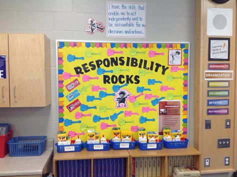 Recognizing students when they model responsibility in the classroom. Students write the positive behaviours they demonstrated on the guitar cut outs and add to the learning skills bulletin board. Responsibility Bulletin Board, Responsible Bulletin Board, Responsibility Bulletin Board Ideas, Elementary School Counseling Office, School Counseling Bulletin Boards, Counseling Bulletin Boards, Hallway Bulletin Boards, School Counseling Office, Student Of The Month