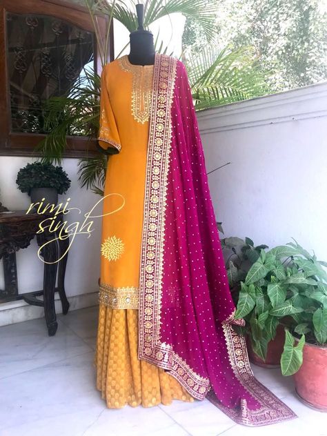 Yellow Gharara, Turmeric Yellow, Georgette Sharara, Sharara Designs, Punjabi Outfits, Indian Designer Suits, Fancy Dress Design, Indian Designer Outfits, Indian Attire