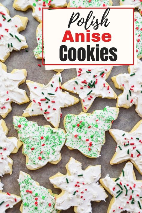 These tender Polish Pierniki Christmas Cookies are a holiday favorite. The licorice-flavored cookies capture the holiday spirit with a generous topping of festive sprinkles. Polish Christmas Cookies, Anise Cookie Recipe, Christmas Confections, Polish Cookies, Flavored Cookies, Christmas Sugar Cookie Recipe, Christmas Cutout Cookies, Anise Cookies, Cut Out Cookie Recipe