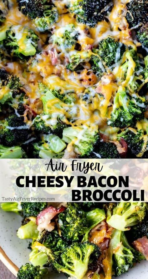 Air Fryer Cheese Broccoli, Best Broccoli Recipe Air Fryer, Cheesy Bacon Broccoli, Brocolli Air Fryer Recipe, Healthy Food In Air Fryer, Air Fried Broccoli Recipes, Sides In Air Fryer, Air Fryer Side Dishes Healthy, T Fal Air Fryer Recipes