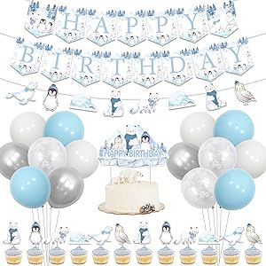 Winter Birthday Party Decorations for Boys Girls, Arctic Polar Animal Party Decorations Banner Happy Birthday Penguin Cake Cupcake Topper Blue Silver Balloon for Kids Birthday Party Polar Bear First Birthday Party, January Birthday Party Ideas, Polar Bear Birthday Party, Happy Birthday Penguin, Birthday Penguin, Polar Bear Party, Winter Birthday Party, Animal Cupcake, Penguin Cake