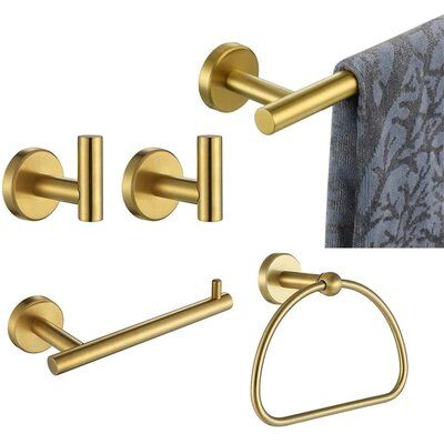 【 High-Quality Bath Hardware SetT-304 premium grade stainless steel (Brushed Gold) for protection against corrosion & rust. Finish: Gold | IMAGINATION 5 - Piece Bathroom Hardware Set Metal in Yellow | Wayfair IMAGINATION61d077f Towel Holder Stand, Towel Bar Bathroom, Double Towel Bar, Bathroom Hardware Set, Gold Bathroom, Bath Accessories Set, Towel Storage, Towel Rack Bathroom, Glass Bathroom