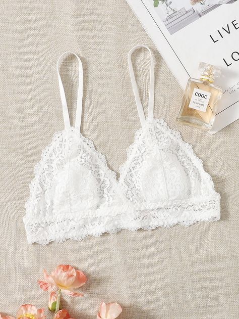 White Cute   Lace Plain A Piece Embellished Slight Stretch  Women Intimates Women Bras, White Lace Bralette, Bra Women, Lace Bralette, Floral Lace, White Lace, Women's Intimates, Lace Trim, Bralette