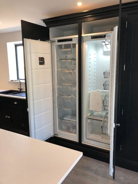 INTEGRATED FRIDGE AND FREEZER 1 Hidden Fridge Freezer, Integrated Fridge And Freezer, Integrated Double Fridge Freezer, Fridge Cupboard Built Ins, Built In Deep Freezer, Deep Freezer In Kitchen, Hidden Fridge Built Ins, Hidden Deep Freezer In Kitchen, How To Hide Deep Freezer