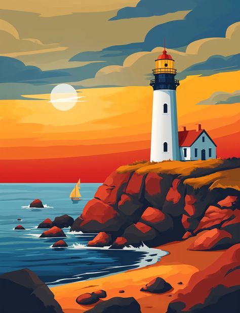 💡✨Travel Wall Art with Midjourney Prompts - Click the Link in my Bio🌐🔗 Lighthouse Art Illustration, Light House Paintings, Sunset Illustration, Intarsia Wood Patterns, Train Posters, Lighthouse Painting, Lighthouse Art, Rocky Shore, Gouache Art