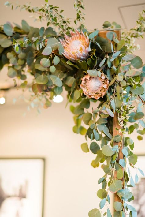 plan Wedding Decor Protea, Protea And Eucalyptus Bouquet, Eucalyptus And Protea Wedding Decor, Native Arbour Flowers, Protea Wedding Arch, Protea Wedding Decor, Protea Flower Wedding, Wedding Arbour Flowers, Triangle Arbour