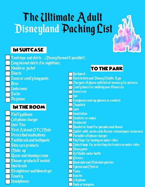 Disneyland Packing List. Disney packing list. Disneyland checklist. Disneyland backpack packing list. Disneyland suitcase packing list. Everything that you would need to pack as an adult for a Disneyland trip. Created by a seasoned annual passholder. Disneyworld Checklist Packing Lists, Disneyworld Packing Checklist, What To Pack For A Disney Trip, Vacation Packing List Disneyland, List For Disney World Packing, Disney Honeymoon Packing List, Disneyland Must Do List, What To Pack For A Day At Disneyland, Things To Wear To Disneyland