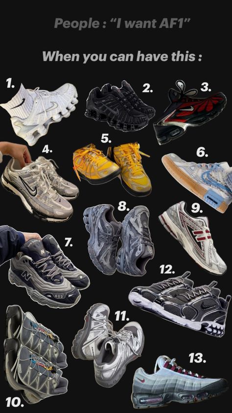 1 & 2 : nike shox  3 : nike air max Tailwind V skepta  4 : nike P-6000  5 & 6 : off white x nike air rubber dunk  7 : New Balance 602  8 : New Balance 1906 D  9 : New Balance 1906 R  10 : Salomon XT 6  11 : Salomon XT- Quest  12 : Stussy x Nike air zoom spiridon cage 2  13 : Air Max 95 Nike P6000, Nike Air Zoom Spiridon, Guys Fashion Swag, New Balance 1906, P 6000, Off White X Nike, Nike Shox, Air Max Plus, Air Max 95