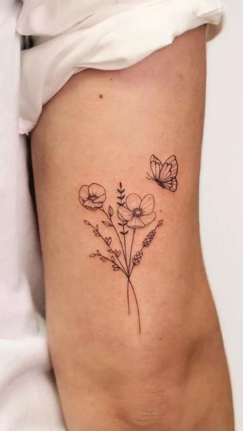 Simple Side Wrist Tattoo, Even So Tattoo, 2 Stem Flower Tattoo, Simple But Elegant Tattoos, Floral Theme Tattoo Sleeve, Line Work Tattoo Design Woman, Back Dimple Tattoo Women, Poppy And Violet Tattoo, Flowers In Your Hair Lumineers Tattoo