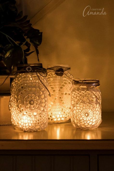 Make beautiful doily luminaries using recycled jars, doilies and a little burlap and twine. Perfect for weddings, holidays, or just for some added beauty. #doilies #luminaries #masonjar #masonjarcrafts #adultcrafts #homedecor #weddingcrafts #weddingdecor #recycledcrafts #luminary #doilycrafts Doily Luminaries, Luminaries Wedding, Ceremony Centerpieces, Lace Jars, Wedding Luminaries, Recycled Jars, Adult Crafts, Wedding Crafts, Mason Jar Crafts