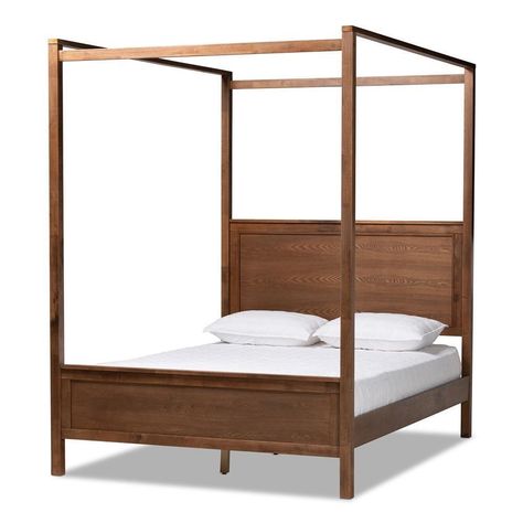 DescriptionDevelop your bedroom into an adored space with the extraordinary Veronica canopy bed. The Veronica features excellent wood craftsmanship with inset paneling in a smooth walnut brown finish. Made in Malaysia, the Veronica is raised and supported by sturdy wood legs, providing ample storage space underneath the platform. Assembly is required and a box spring isn’t necessary, as the Veronica comes with internal slats for mattress support. Decorate the Veronica’s tall wood beams with drap Platform Canopy Bed, Wood Canopy Bed, Queen Canopy Bed, Wood Canopy, Baxton Studio, Canopy Bed, Wood Beams, Wooden Bed, Bedroom Furniture Beds