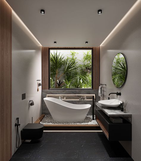 Minimalist Interior Design Bathroom, Minimalist Luxury Bathroom, Big Luxury Bathroom, Modern Tropical Bathroom, Big Modern Bathroom, Luxury Toilet Design, Tropical Bathroom Design, Spa Bathroom Ideas Small, Big Bathroom Ideas